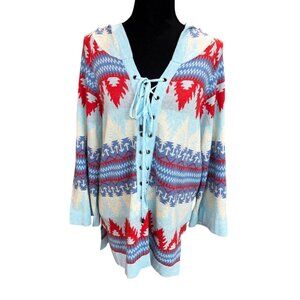 Tasha Polizzi Blue Laredo Southwest Sweater Women L Hooded Aztec Hooded Poncho
